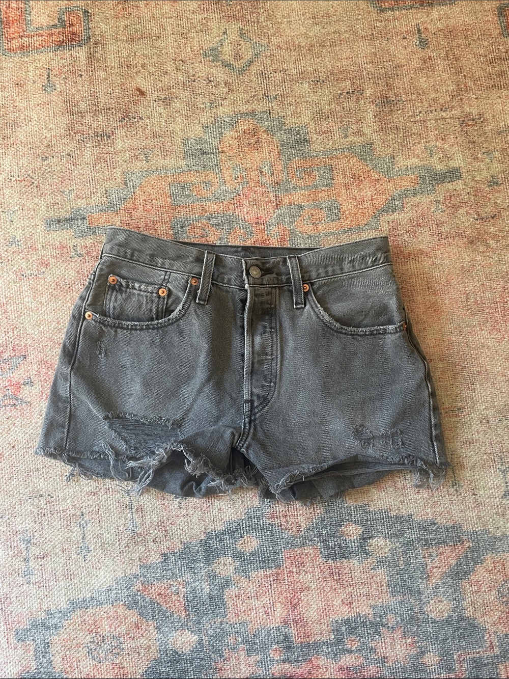 Levi's 501  Washed Black Distressed High-Rise Denim Shorts
